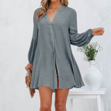 Solid color patchwork casual loose cardigan button top T-shirt