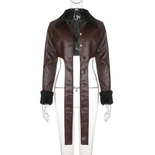 Wool splicing PU leather irregular snap long cardigan street personality short coat