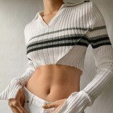 Women's color contrast stripe splicing super short open navel waistband T-shirt Sexy V-neck special cuffs shirt