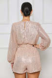 Women's sequin mesh long sleeved V-neck party jumpsuit with belt