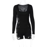 Long sleeve U-neck sexy hollow out nightclub tight elastic rubber band jumpsuit
