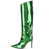 Sexy pointy toe thin heel patent leather nightclub catwalk stage high boots no more than knee high side zipper performance boots