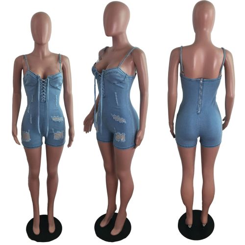 Casual fashion slim backless strap denim jumpsuit