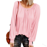 Solid round neck casual pleated long sleeve top
