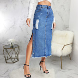 Fashion trend rivet wrap buttocks stretch denim long skirt