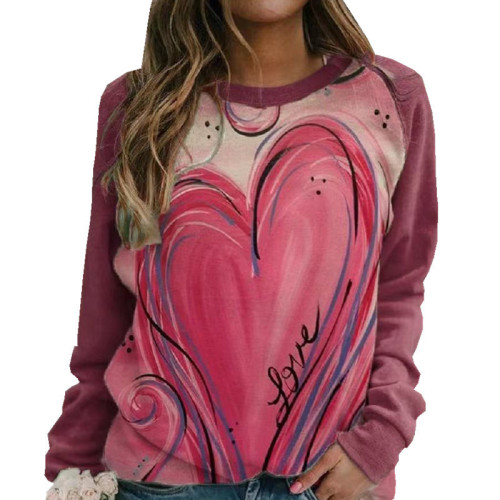 Loose casual round neck long sleeve printed T-shirt