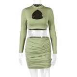Autumn and winter sexy hollow out long sleeved hip wrap skirt pleated open navel two-piece set