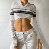 Women's color contrast stripe splicing super short open navel waistband T-shirt Sexy V-neck special cuffs shirt