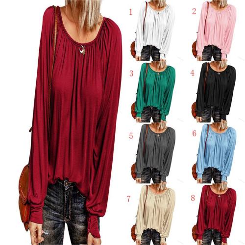 Solid round neck casual pleated long sleeve top