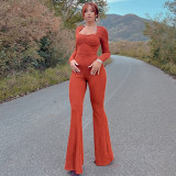Pit strip square neck threaded long sleeve pleated flare jumpsuit