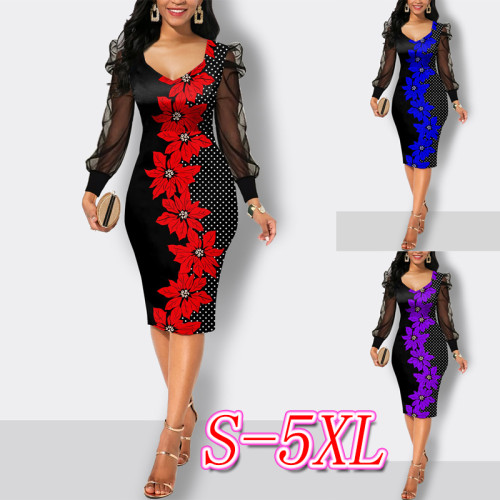 Mesh long sleeve waistband print casual mid length skirt