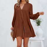 Solid color patchwork casual loose cardigan button top T-shirt