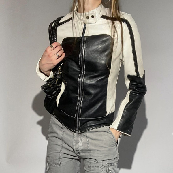 Color blocked leather coat slim stand collar casual top