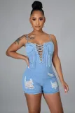 Casual fashion slim backless strap denim jumpsuit