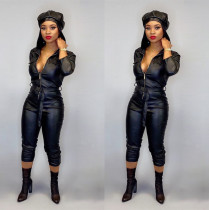 Autumn and winter long sleeved PU leather jumpsuit