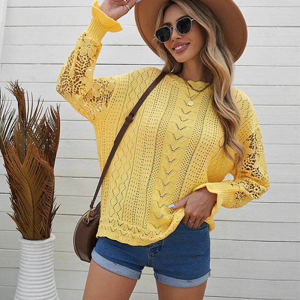 Hollow out floral long sleeve sweater loose round neck pullover