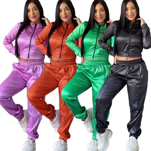 Solid zipper loose casual sports two-piece set