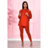 Fashion women's solid color off shoulder hooded two-piece set