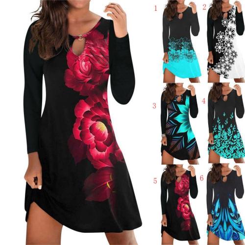 Casual flower round neck long sleeve one-piece