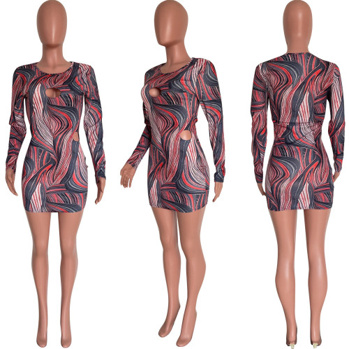 Fashion printing sexy hollow out new hip wrap dress