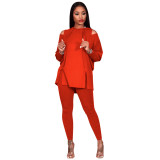 Fashion women's solid color off shoulder hooded two-piece set
