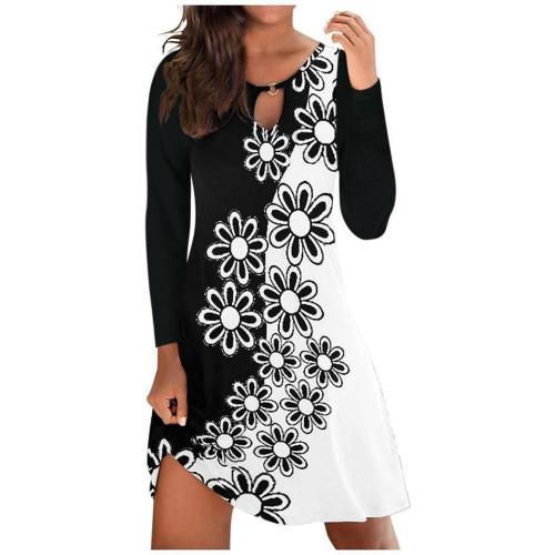 Casual flower round neck long sleeve one-piece