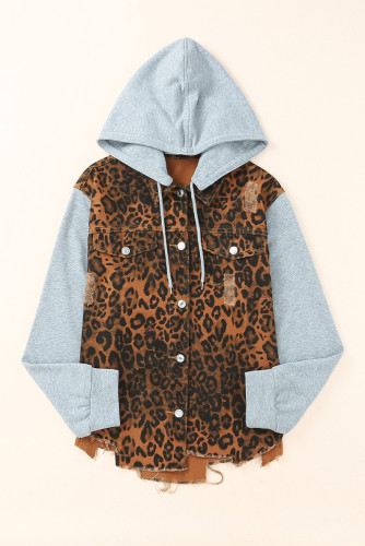 Leopard patchwork loose jacket hooded long sleeve coat