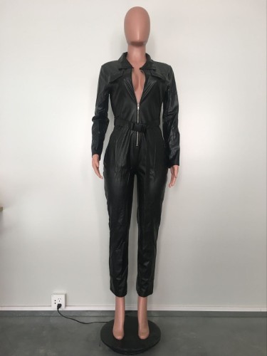 Autumn and winter long sleeved PU leather jumpsuit