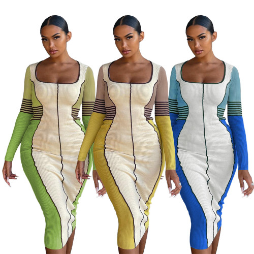 Autumn and winter color blocking threaded square neck print sexy slim dress