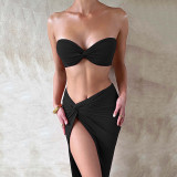 Sexy suspender bra suit fashion tight high waist split skirt two-piece set