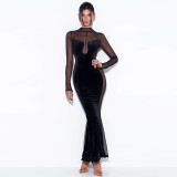 Women's sexy hollow perspective dress Long sleeve round neck backless dress