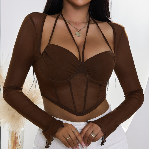 Neck hanging, navel exposed, pullover, trendy, sexy, chest wrapped, perspective, mesh long sleeves