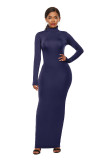 Fashion solid color long skirt long sleeve stretch fitting high neck dress