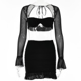 Sexy bra two-piece fashion perspective gauze mesh strap long sleeve short skirt suit