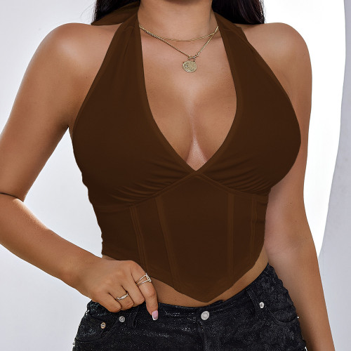 Neck strap V-neck short open back fashionable sexy open navel vest