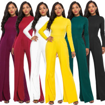 Sexy women's fashionable round neck long sleeve wide leg jumpsuit