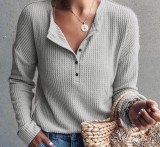 Women's Waffle Solid Single breasted Long Sleeve