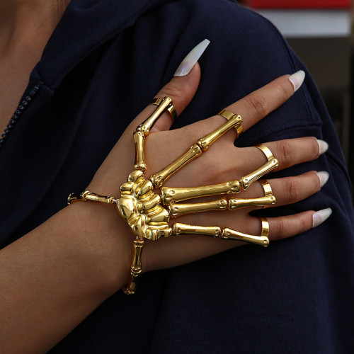 Fashion Personality Punk Skull Hand Bone Versatile Five finger Ring Bracelet Adjustable One piece Chain