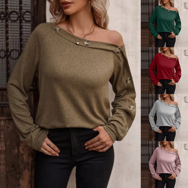 Women's fashion button off shoulder long sleeve top