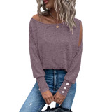 Women's solid color fashion off shoulder cuffs with buttons T-shirt