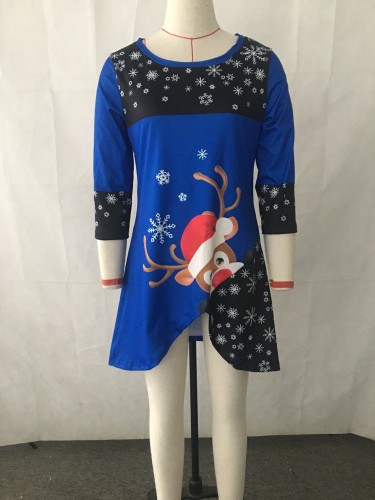 Women's t-shirt Christmas snowflake elk print long sleeve round neck Christmas women's dress