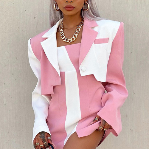 Women's sexy color blocking small suit button long sleeve suit short coat