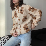 Printed bear lamb down sweater coat women's loose zipper pocket cardigan