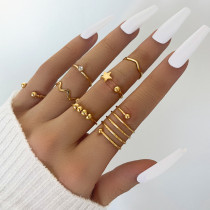 Simple geometric wave spring five pointed star beaded joint ring set seven piece ring