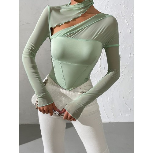 Sexy slim fitting T-shirt women's mesh splicing hollow long sleeve open navel pullover