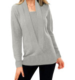 Knitted solid color deep V-neck long sleeve false two-piece sweater women's top