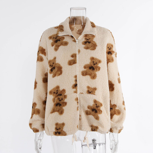 Printed bear lamb down sweater coat women's loose zipper pocket cardigan