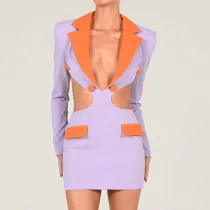 Women's color matching lapel backless dress sexy waist revealing long sleeve short skirt