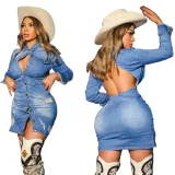 Slim sexy backless stretch breasted denim hip wrap dress one-piece skirt