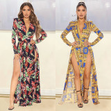 Women's fashion sexy split print long sleeve dress